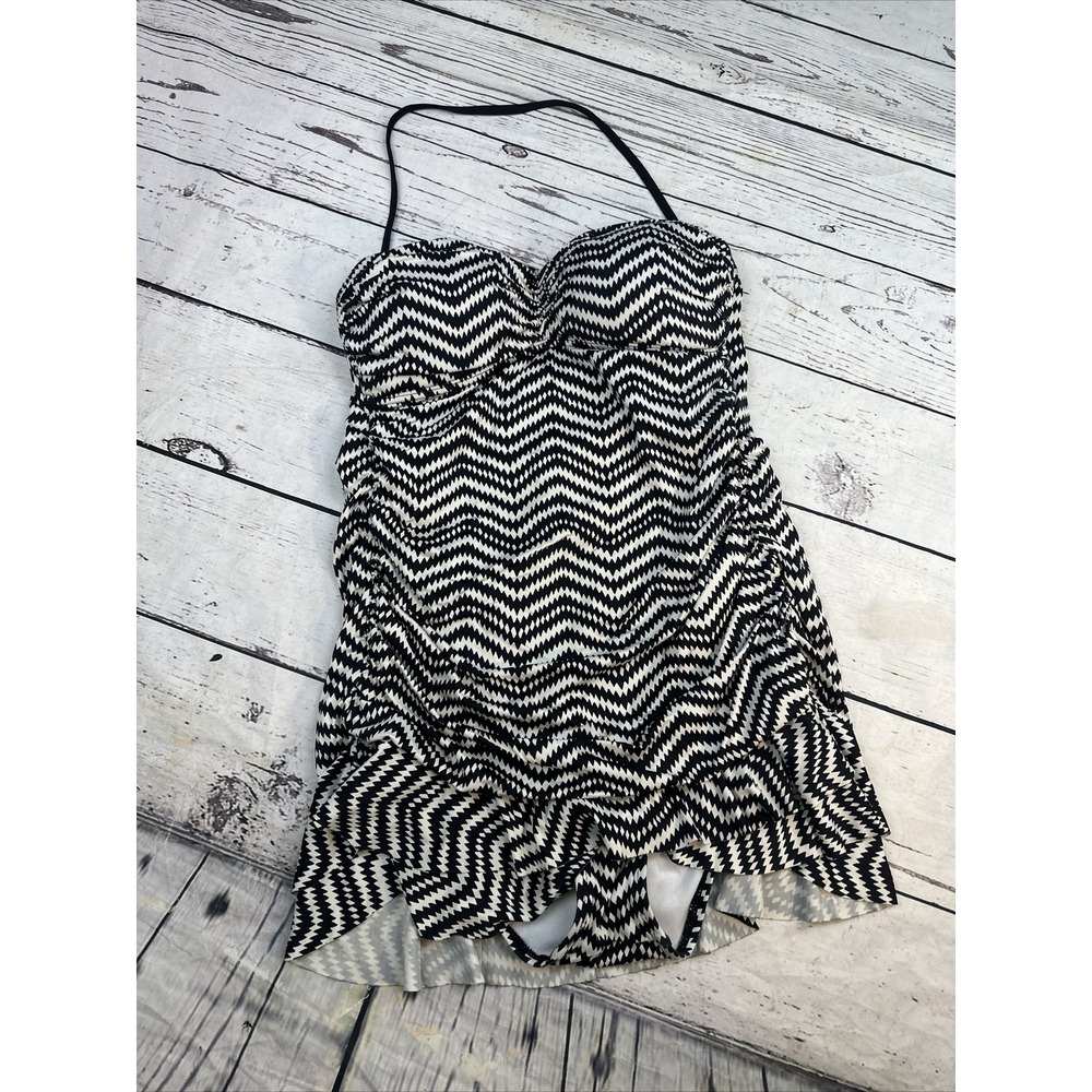 Apt. 9 Womens Black White Chevron Zig Zag Ruched Swimdress Halter Swimsuit L - Picture 5 of 9